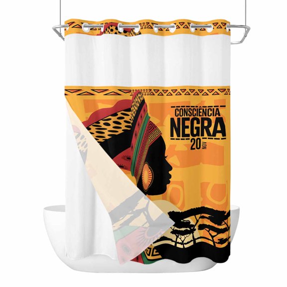 African Women No Hook Shower Curtain Waterproof,Bathroom Curtains with Snap in Liners and See Through Top Window,Orange Sunset Western Tribe Woods Forest Hotel Style Bathtub Curtains Shower 72"Wx96"L