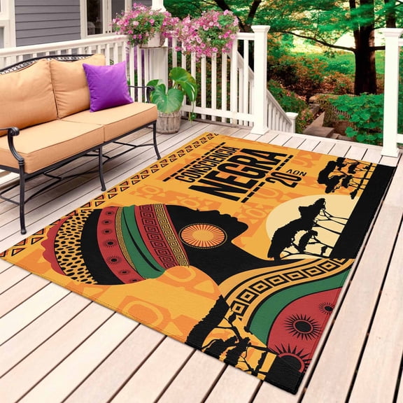 African Women Outdoor Rug 5x7 Ft, Non Slip Washable Area Rug, Orange Sunset Western Tribe Woods Forest Patio Rugs Carpet Runner, Large Floor Mat for Indoor/Outdoor Deck Porch Camping