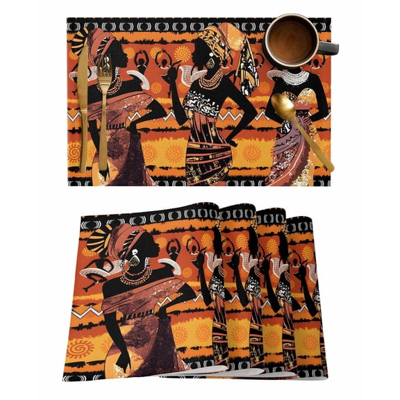 African Women Placemats Set of 8 Tribe Ethnic Style Traditional Africa Heat Insulation Washable Place Mats, Rustic Non-Slip Table Mats for Dining Table Party Kitchen Decor,13x19 Inch