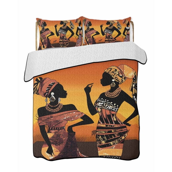 African Women Quilts Bedding Set Twin Size Tribe Ethnic Style Lightweight Quilted Bedspread 3 Piece Bed Quilt with 2 Pillow Shams All Season for Bedroom 68" x 86"