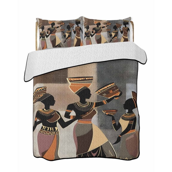 African Women Quilts Bedding Set Twin Size Tribe Ethnic Style Lightweight Quilted Bedspread 3 Piece Bed Quilt with 2 Pillow Shams All Season for Bedroom 68" x 86"