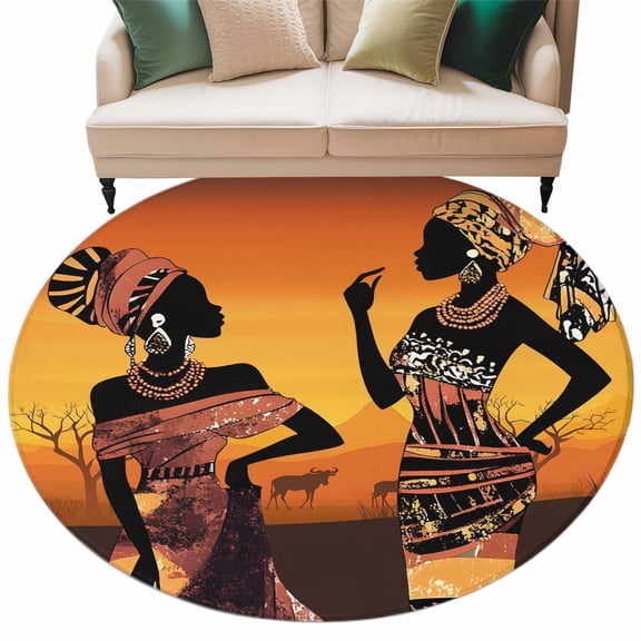African Women Round Area&nbsp;Rug 5ft Tribe Ethnic Style Non-Slip&nbsp;Washable Circle Rugs Soft Felt Indoor Floor Mat for Bedroom Kitchen Living Room Bathroom