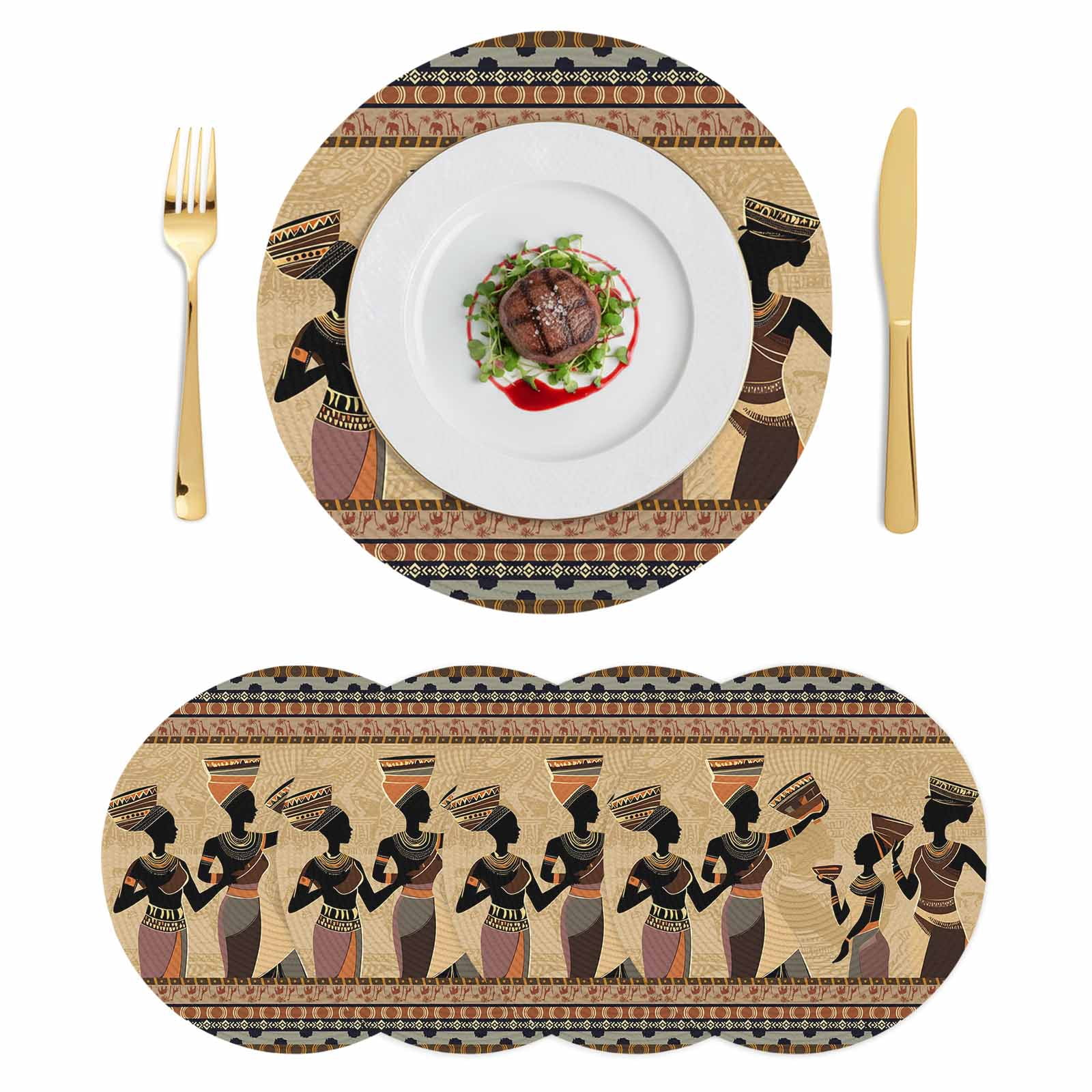 African Women Round Placemats Set of 4 Black Girl Retro Ethnic Ancient Tradition Place Mats Indoor Woven Table Mats Washable Heat-Resistance Braided Dining Table Placemats for Kitchen Party 13 Inch