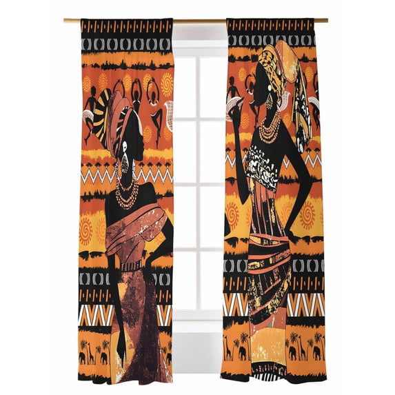 African Women Sheer Curtains 2 Panels Set Tribe Ethnic Style Traditional Africa Lihgt Filtering Rod Pocket Voile Drape, Semi Sheer Window Curtains for Bedroom Living Room, 52"x96"