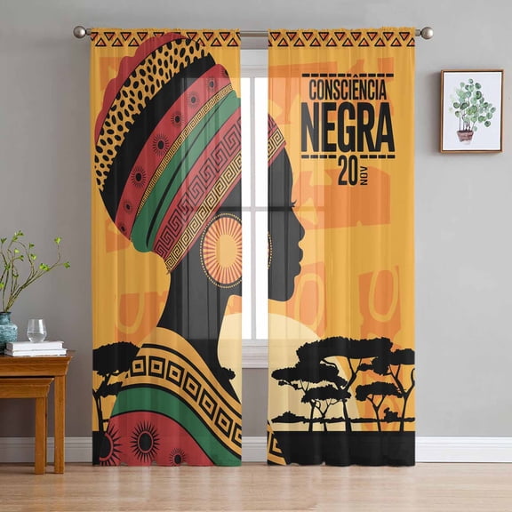 African Women Sheer Curtains 72 Inches Long 2 Panels Set, Window Sheer Curtains for Living Room/Bedroom, Orange Sunset Western Tribe Woods Forest Light Filtering Rod Pocket Curtain 52'' x 72'' x 2