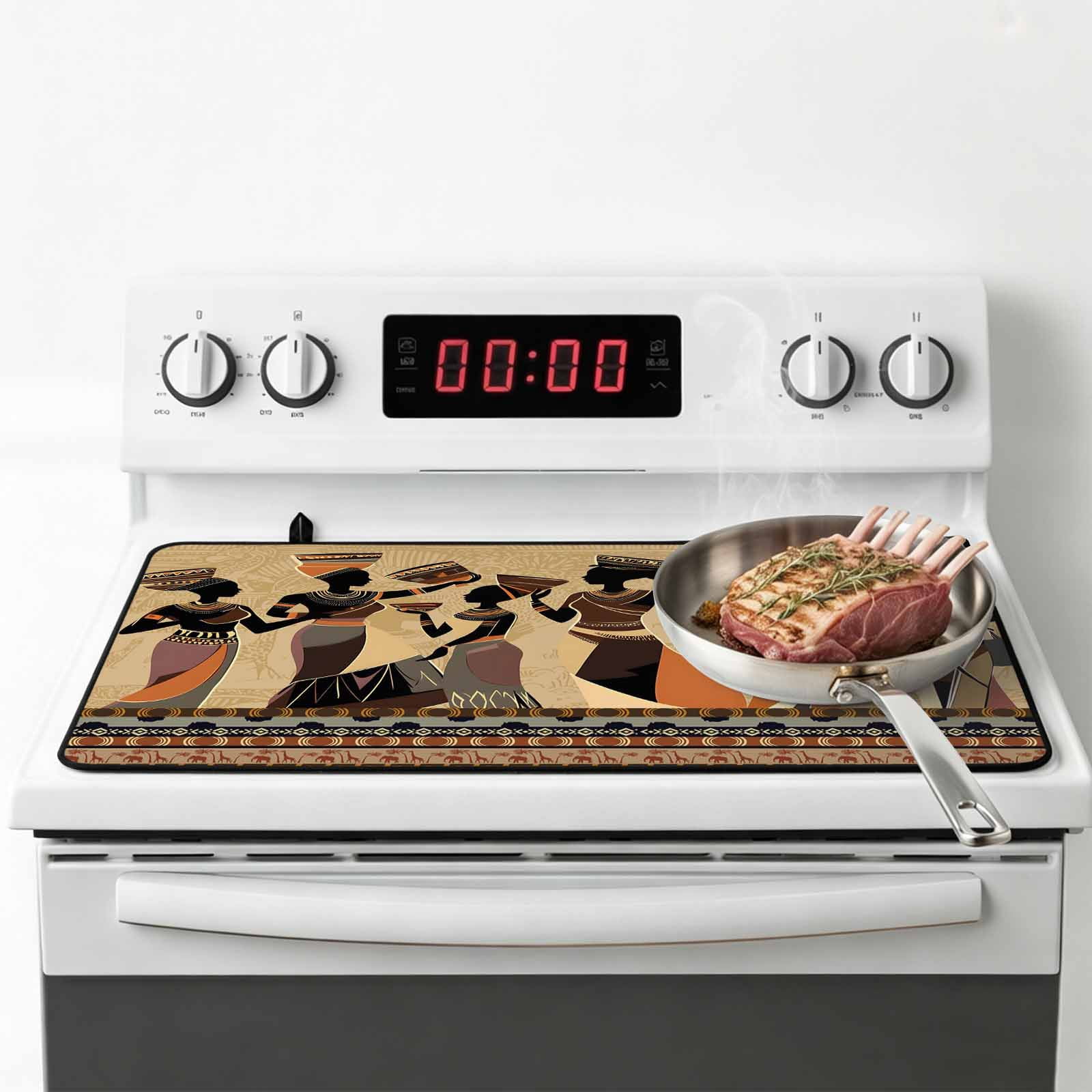 African Women Stove Top Cover for Electric Stove, Heat-proof & Non Slip Glass Top Stove Cover Protector, Black Girl Retro Ethnic Ancient Tradition Kitchen Flat Cooktop Rubber Mat 24x21 Inches