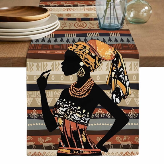 African Women Table Runner, Black Boho Tradition Ethnic Southwest Washable Cotton Linen Table Runners 36 Inches Long, Dresser Scarf Runner for Nightstand/End Tables/Round Tables 13''x36''