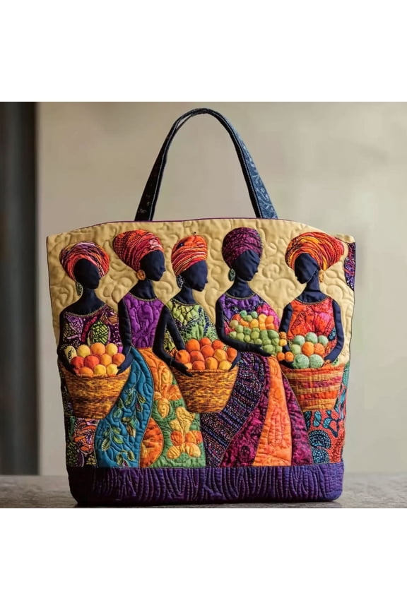 African Women Textile Quilted Tote Bag, Cultural Art Shoulder Bag, Everyday Market Bag, Unique Statement Gift for Her