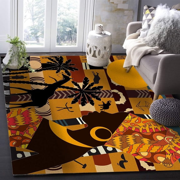 African Women Tribal Giraffe Elephant Area Rug Retro Totem Art Large Rugs Indoor Non Slip Machine Washable Breathable Durable Carpet Front Entrance Floor Decor 4x5 Non-slip Soft