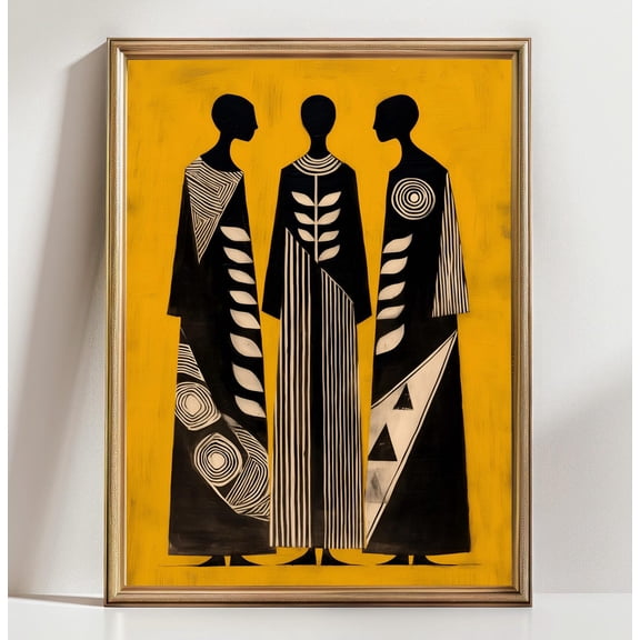 African Women Trio Print Black And Yellow Abstract Wall Art Afrocentric Geometric Bold Modern African Art