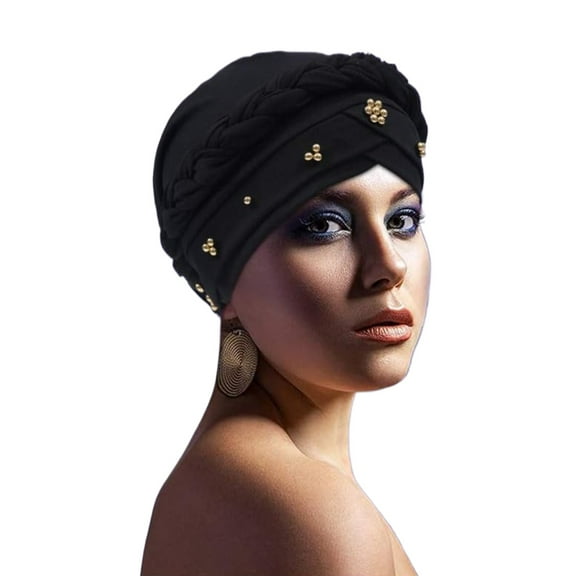 African Women Turban Cap Twisted Beaded Braid Head Wraps Pre-Tied Chemo Headscarf for Cancer Hair Cover Hat