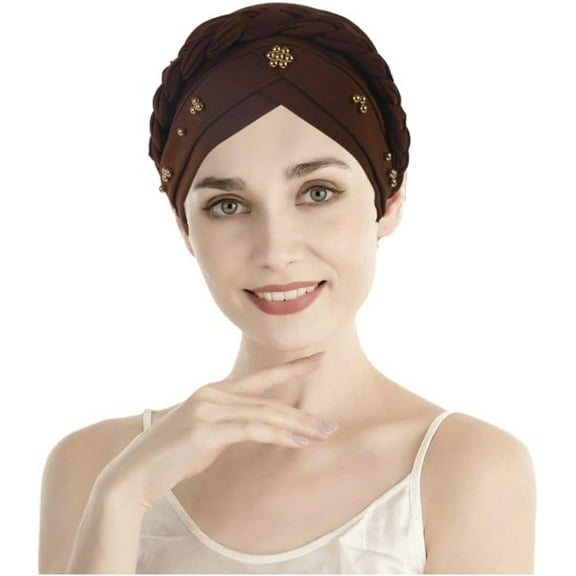 African Women Turban Cap Twisted Beaded Braid Head Wraps Pre-Tied Chemo Headscarf for Cancer Hair Cover Hat