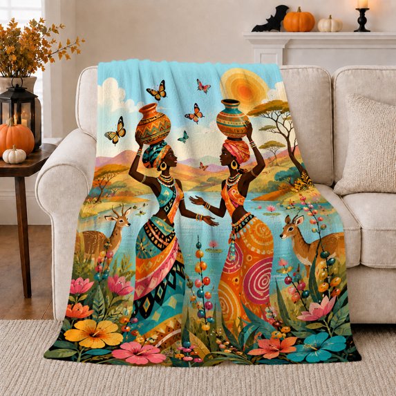 African Women Walking with Giraffes and Butterflies, Cheerful Folk Art Garden Scene for Animal Lovers, Mother's Day Gift, Soft Flannel Blanket for Bedroom and Sunroom, Artistic Home Decor