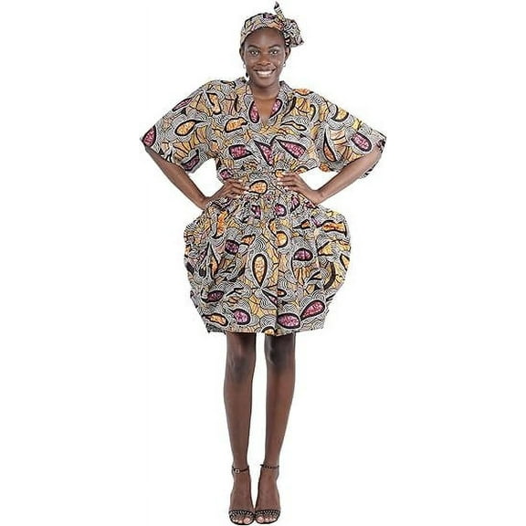 African Women's Ankara Short Balloon Dress| Cotton Clothing Short Balloon Dress with Matching Headwrap - One Size