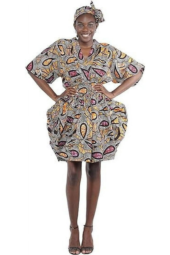 African Women's Ankara Short Balloon Dress| Cotton Clothing Short Balloon Dress with Matching Headwrap - One Size