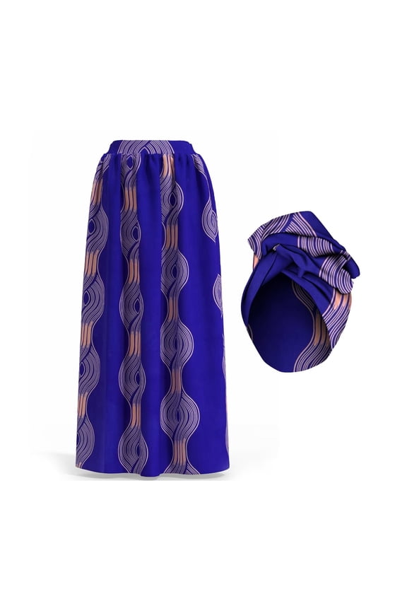 African Women's Long High Waist Maxi Skirt Ankara Print Matching Headwrap Cotton