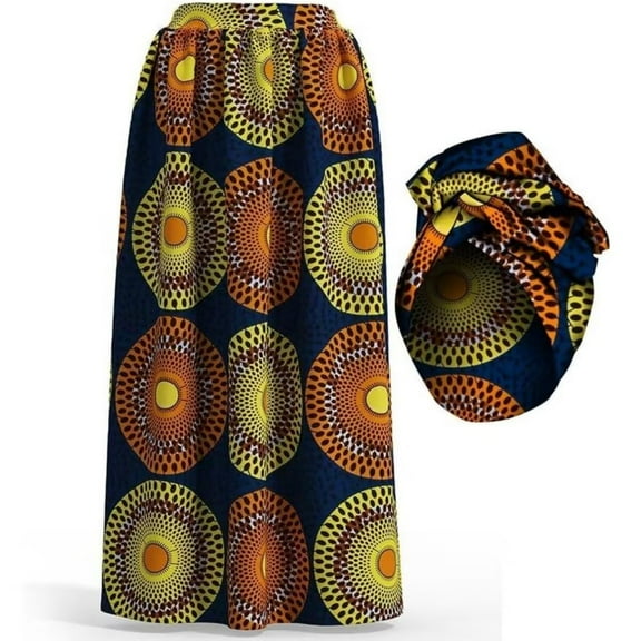 African Women's Long High Waist Maxi Skirt Ankara Print Matching Headwrap Cotton