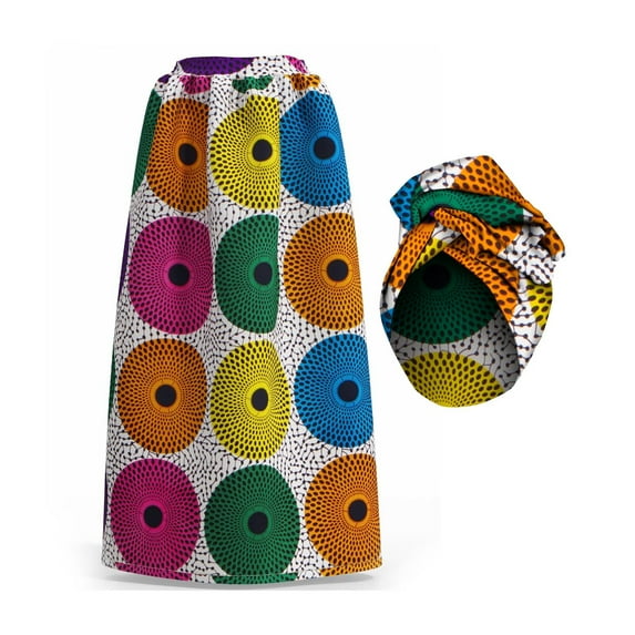 African Women's Long High Waist Maxi Skirt Ankara Print Matching Headwrap Cotton