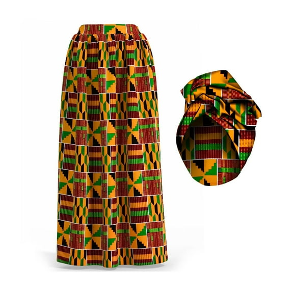 African Women's Long High Waist Maxi Skirt Ankara Print Matching Headwrap Cotton