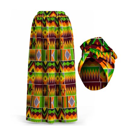 African Women's Long High Waist Maxi Skirt Ankara Print Matching Headwrap Cotton