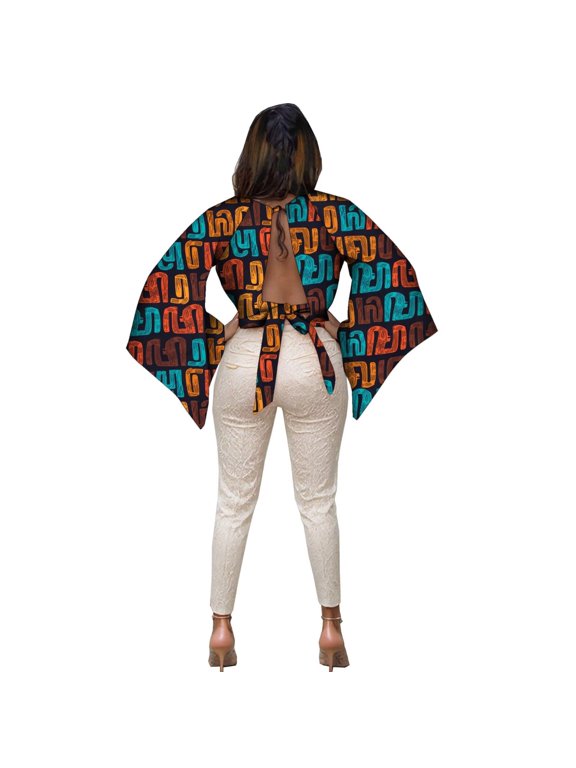 African Women's Tops Long Big Sleeve Backless Short Shirt Ankara Print Coat Dashiki Party Clothing