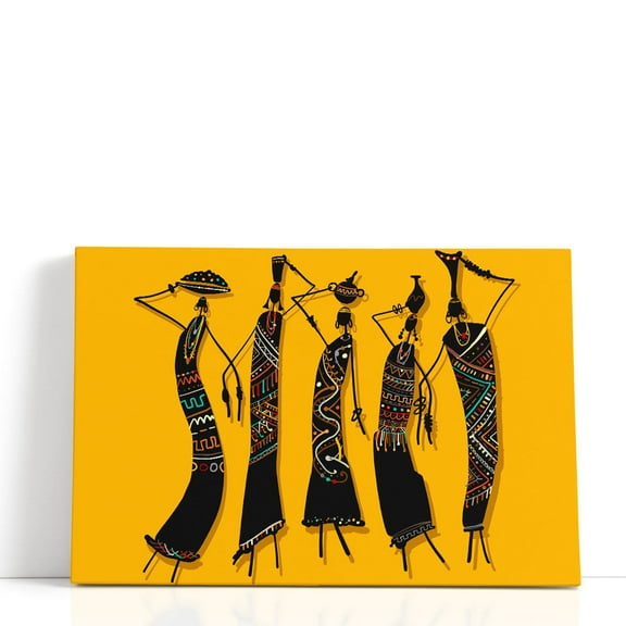 African Women with Jugs, An Ethnic Ornate Sketch - Wrapped Canvas Print Wall Art | 18" W x 12" H