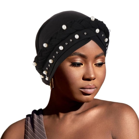 African Womens Turban Cap Braid Twist Pearl Beading Headscarf Pre tied Cap Chemo Headwrap Cancer Hair Cover