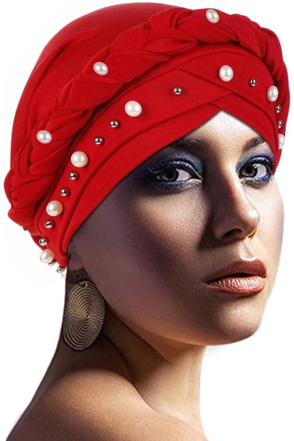 African Womens Turban Cap Braid Twist Pearl Beading Headscarf Pre tied Cap Chemo Headwrap Cancer Hair Cover