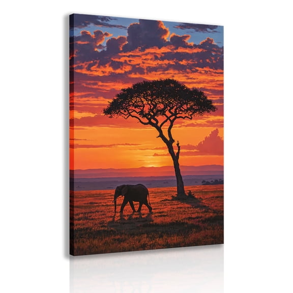 African savanna sunset elephant canvas wall art, magnificent orange sky and acacia tree print paintings, vibrant nature photography posters, natural wildlife home decor frames.