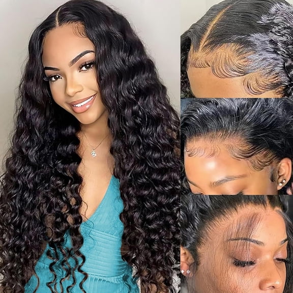 African-style lace synthetic wig, black center-parted long curly hair with small hand curls
