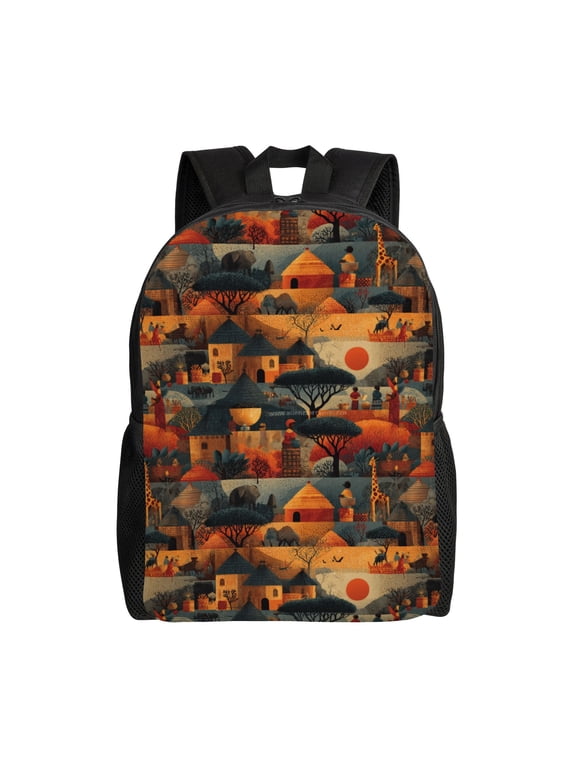 African village life Backpack with 15 Inch Laptop Compartment,Water-Resistant Daypack, Large Capacity Backpack with Adjustable Breathable Shoulder Straps for Daily Use Travel Gym