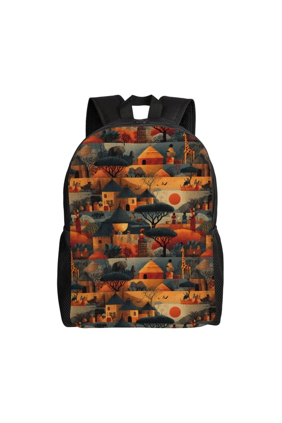 African village life Backpack with 15 Inch Laptop Compartment,Water-Resistant Daypack, Large Capacity Backpack with Adjustable Breathable Shoulder Straps for Daily Use Travel Gym