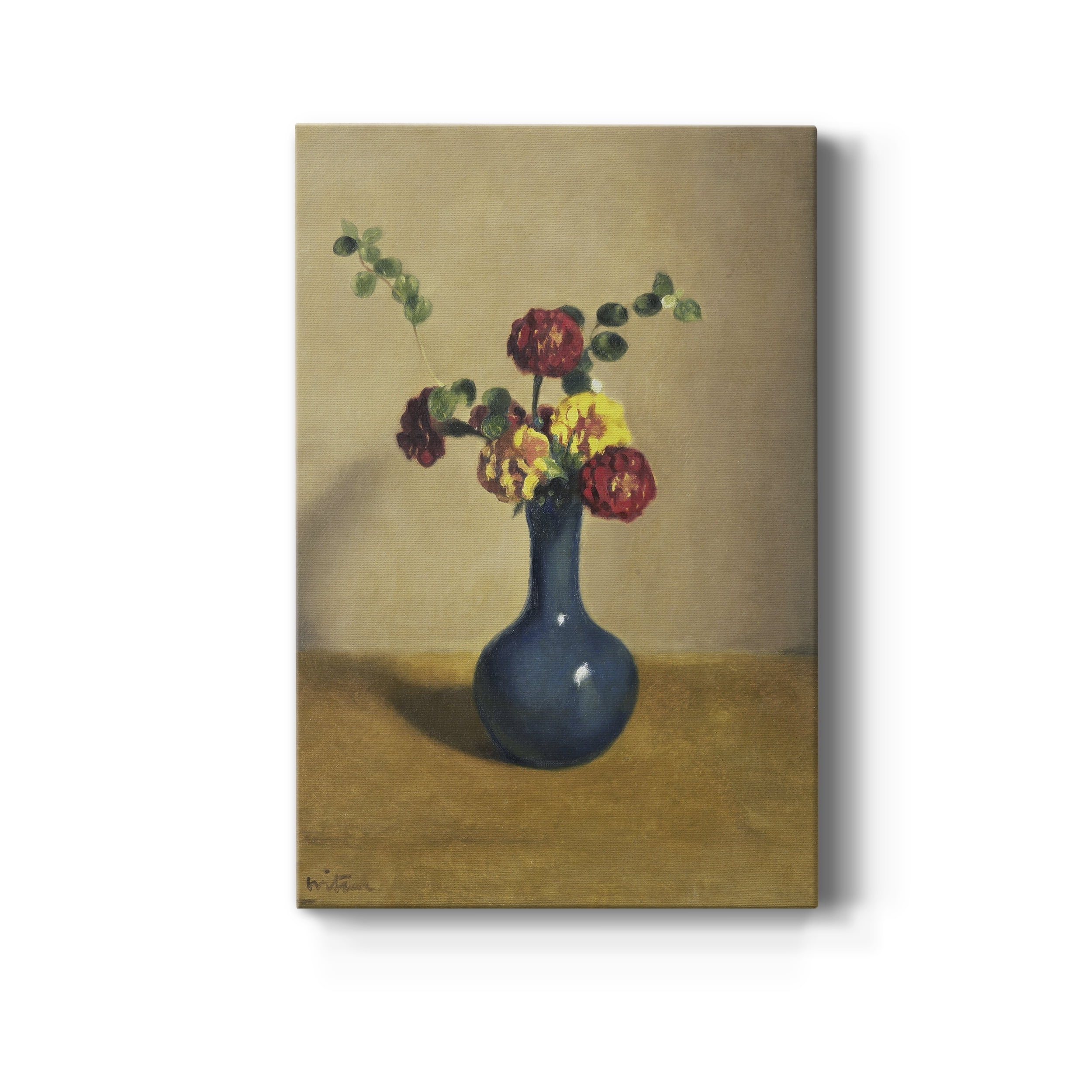 Afrikaantjes in een blauw vaasje Premium Gallery Wrapped Canvas - Ready to Hang - 40 x 60