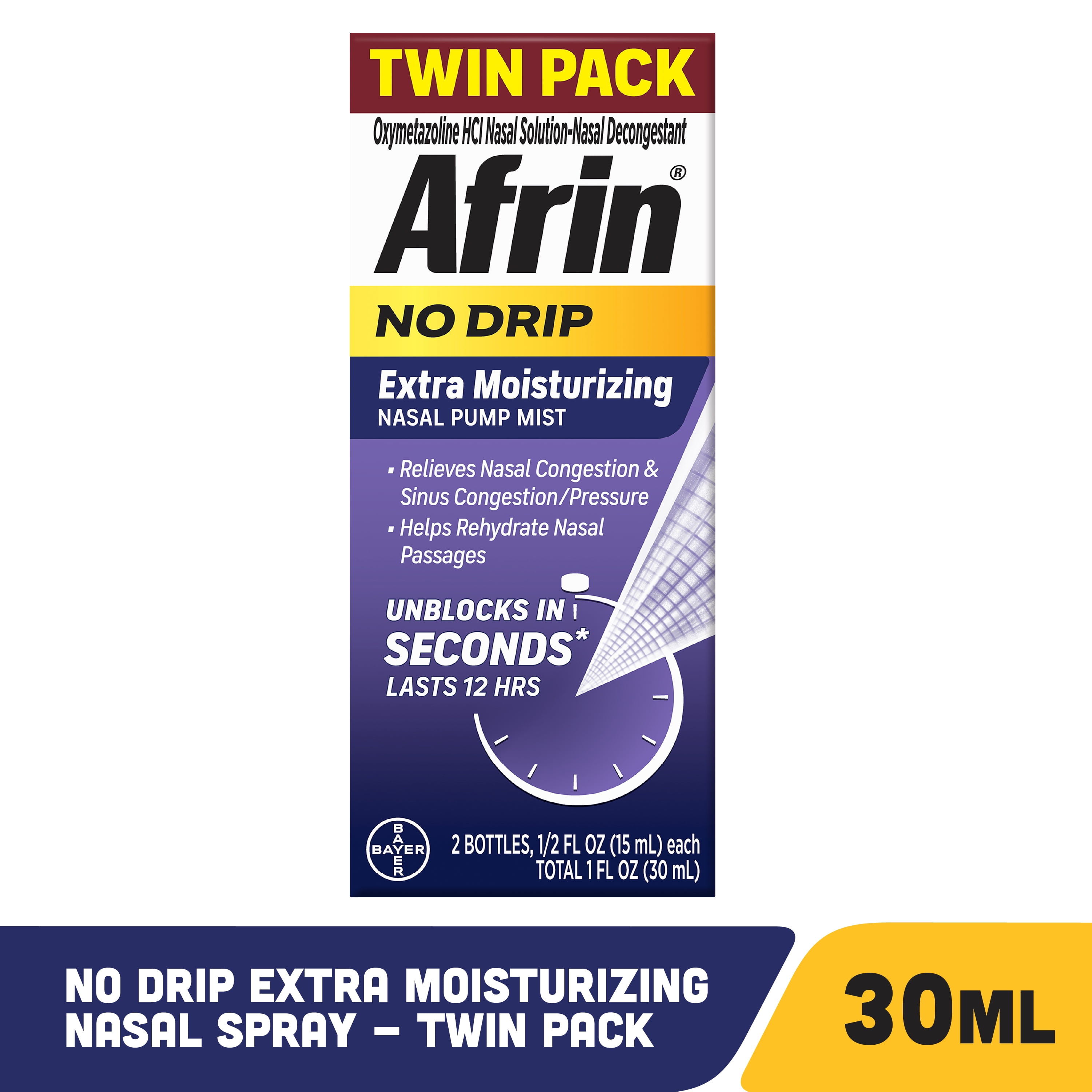 Afrin No Drip Extra Moisturizing Nasal Spray,12 Hour Congestion Relief, 15 mL, 2 Count