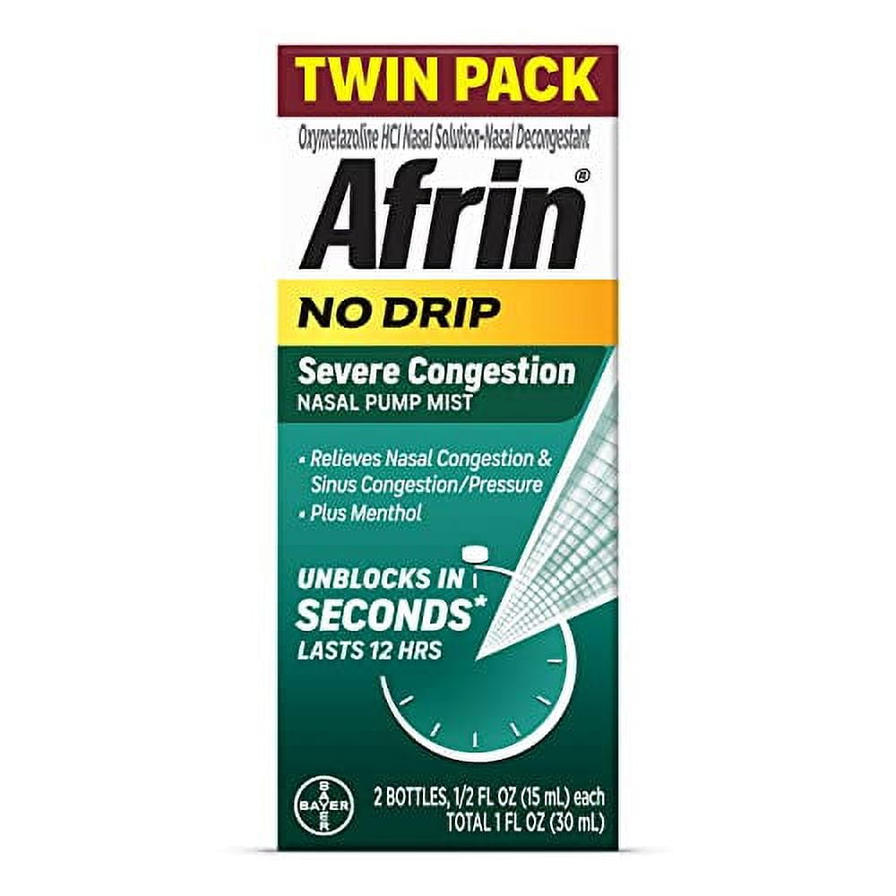 Afrin No Drip Severe Congestion Maximum Strength Nasal Spray - 12 Hour Nasal Spray Relief for Nose Congestion, Nasal Swelling, and Allergies - 2 x 0.5 Fl Oz Bottles - Pack of 1