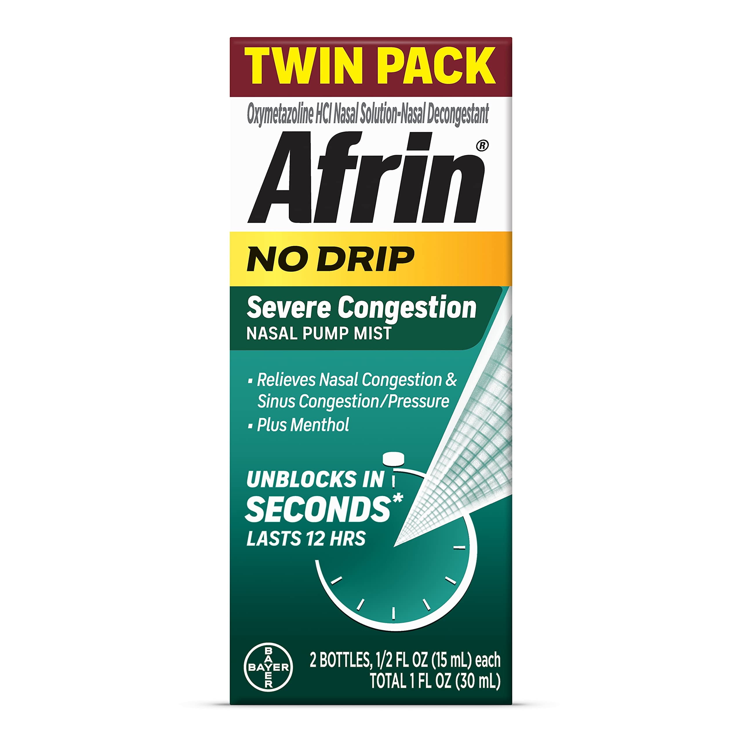 Afrin No Drip Severe Congestion Maximum Strength Nasal Spray - 12 Hour Nasal Spray Relief for Nose Congestion, Nasal Swelling, and Allergies - 2 x 0.5 Fl Oz Bottles - Pack of 1