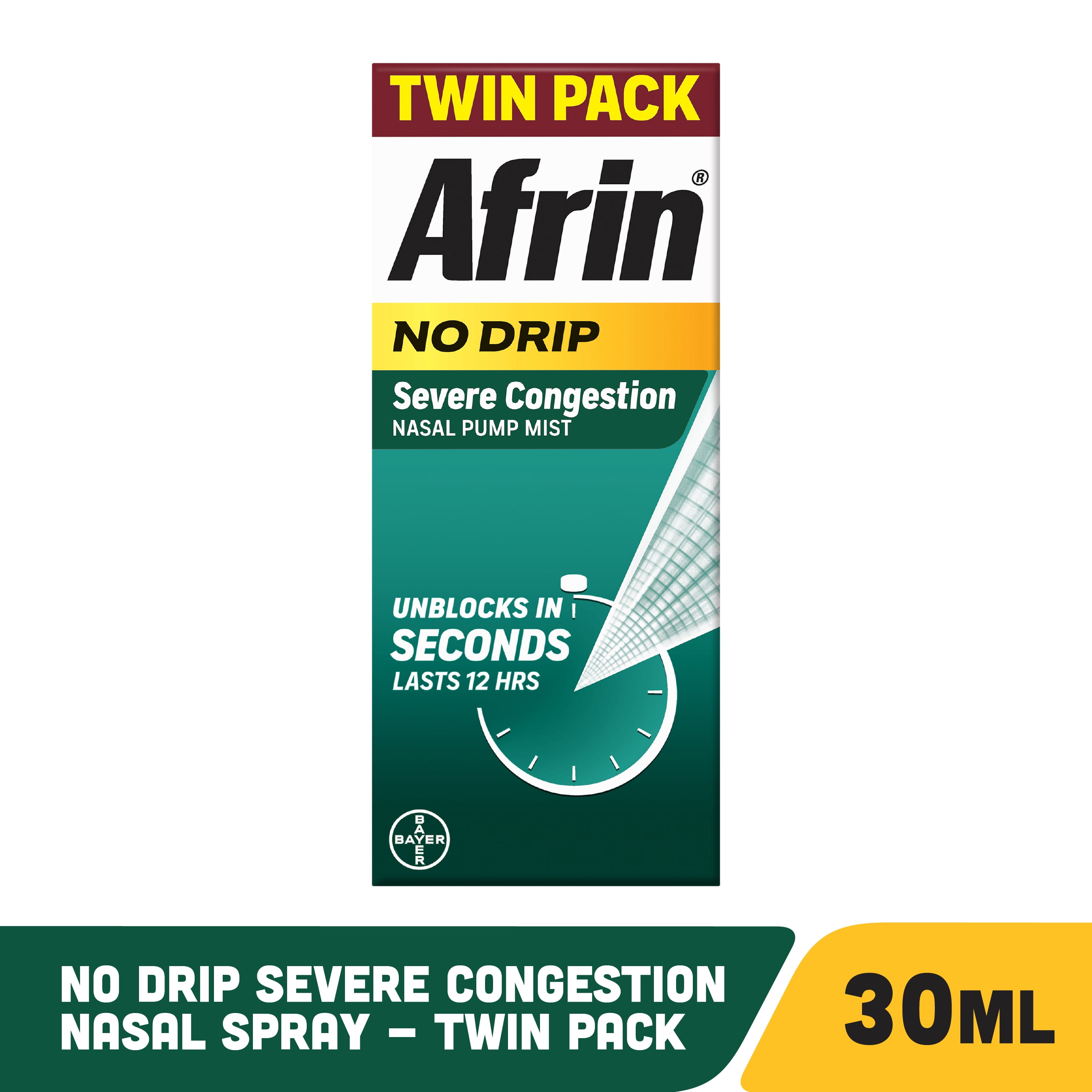 Afrin No Drip Severe Congestion Pump Mist Nasal Spray, 12 Hour Congestion Relief, 15 mL, 2 Count