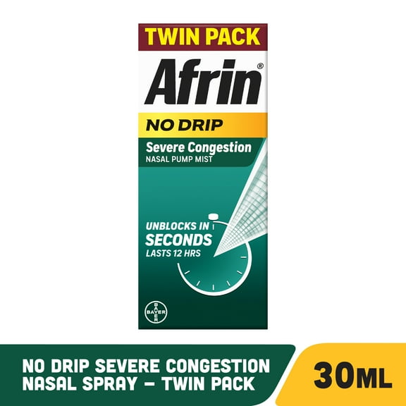 Afrin No Drip Severe Congestion Pump Mist Nasal Spray, 12 Hour Congestion Relief, 15 mL, 2 Count