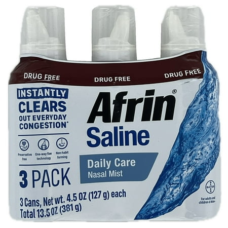 Afrin Saline Daily Care Nasal Mist – Drug-Free Congestion Relief & Sinus Moisturizer (3 Pack, 4.5 oz Each)