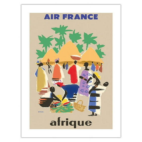 Afrique (Africa) - France - African Village - Vintage Airline Travel Poster by Jean Even c.1958 - Fine Art Matte Paper Print (Unframed) 18x24in