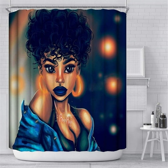 Afro African American Shower Curtain Set with 12 Hooks, Waterproof Fabric Black Girl Bathroom Curtain, 72x72 Inch,Cute Girl