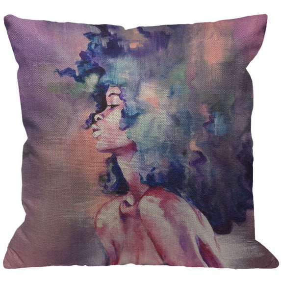 Afro African Girl Throw Pillow Cover Decorative Blue Hair Colorful Watercolor Art Cushion Cover Pillow Cases Bedroom Livingroom 18" x 18"
