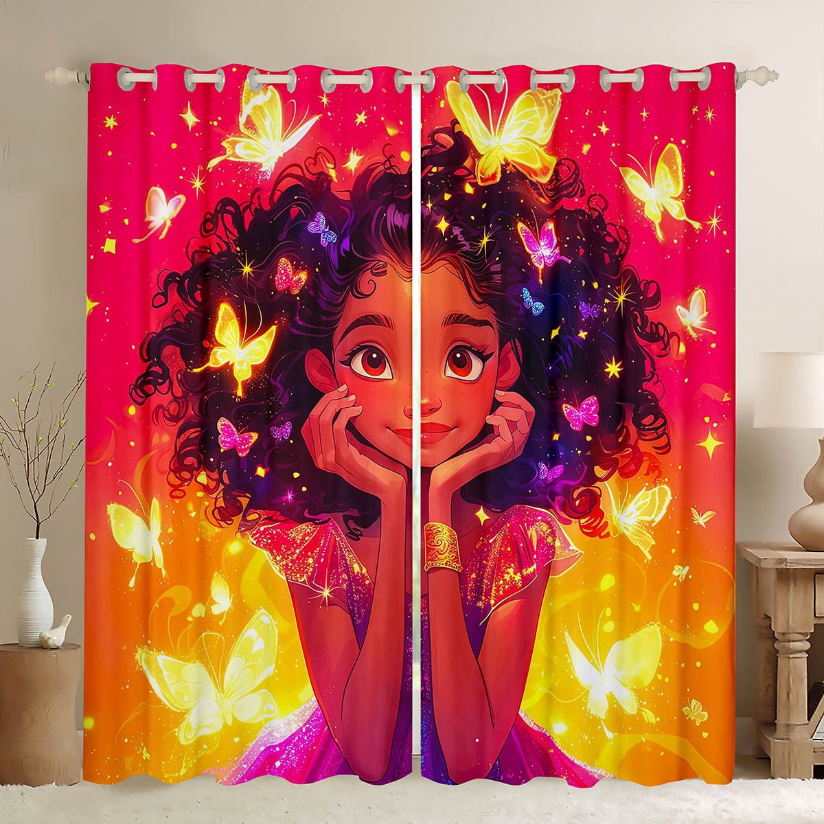 AfroAmerican Girl 2 Panels 42"Wx84"L Curtains for Little Girl,Afro Kid