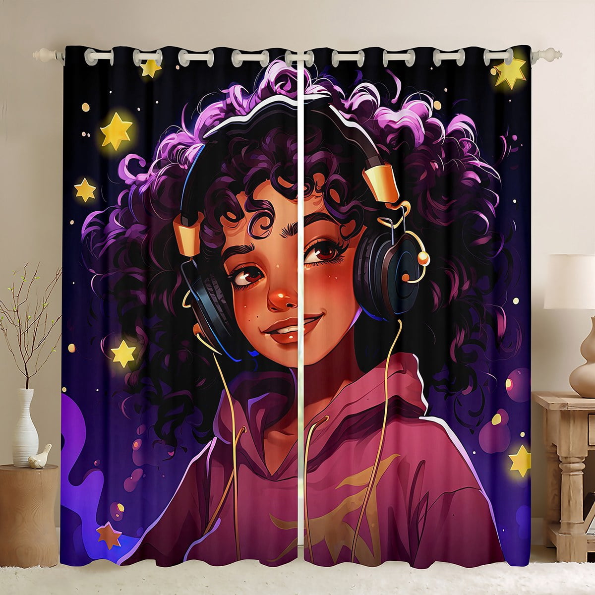 AfroAmerican Girl Curtains for Little Girl,Afro Kid Princess Melanin