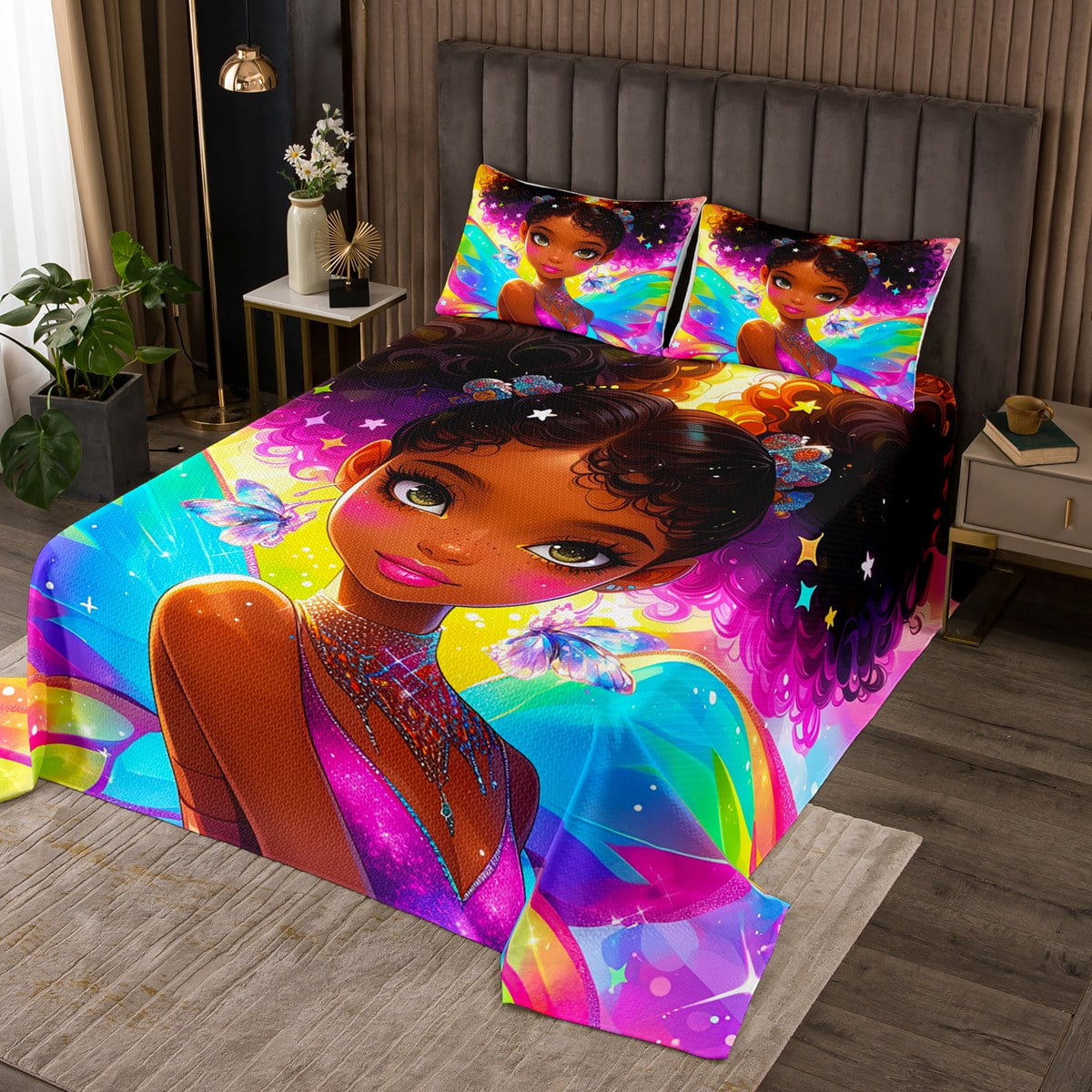 AfroAmerican Girl King Bedspread Set for Little Girl,Afro Kid Princess