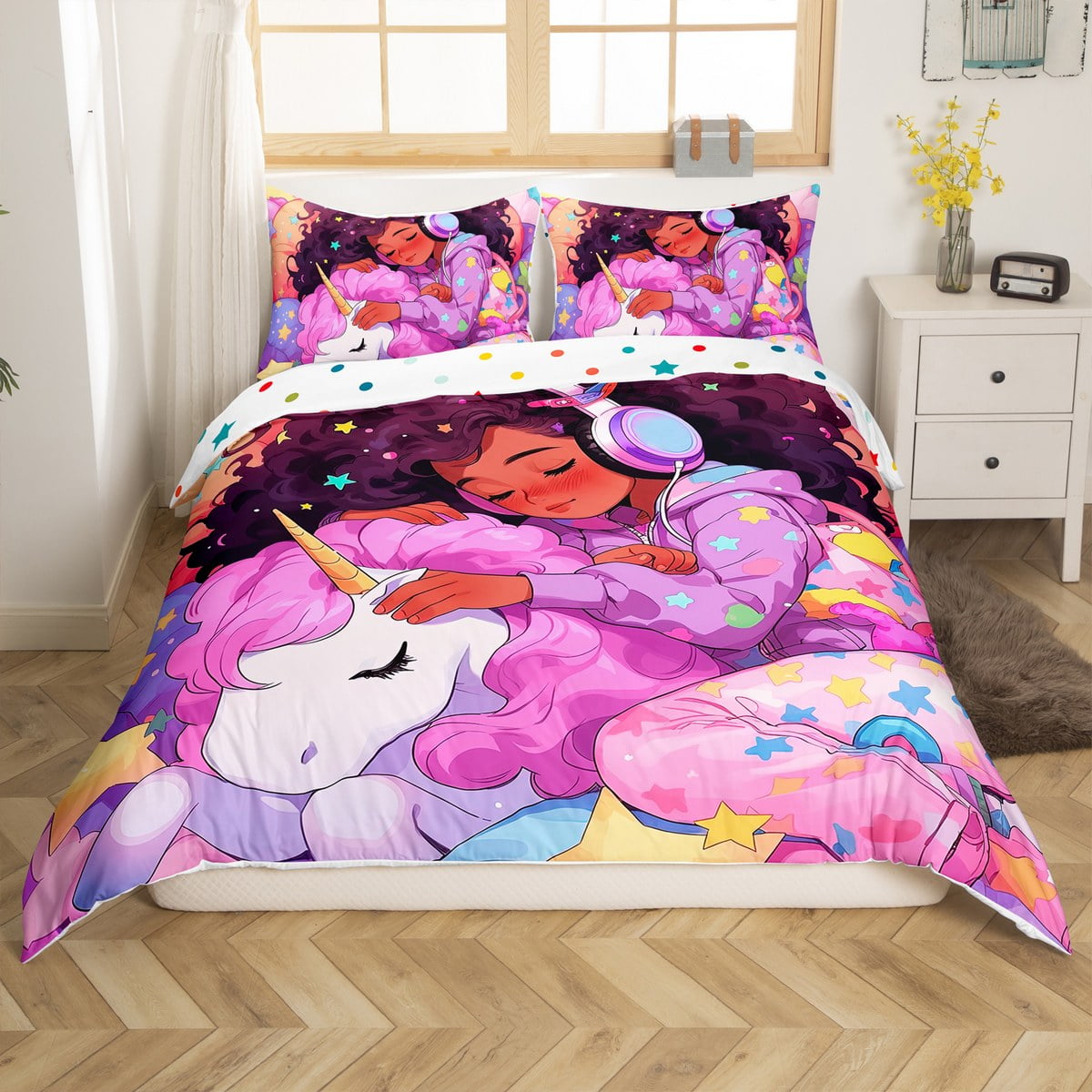 AfroAmerican Girl Queen Bedding Sets for Little Girl,Afro Kid Princess