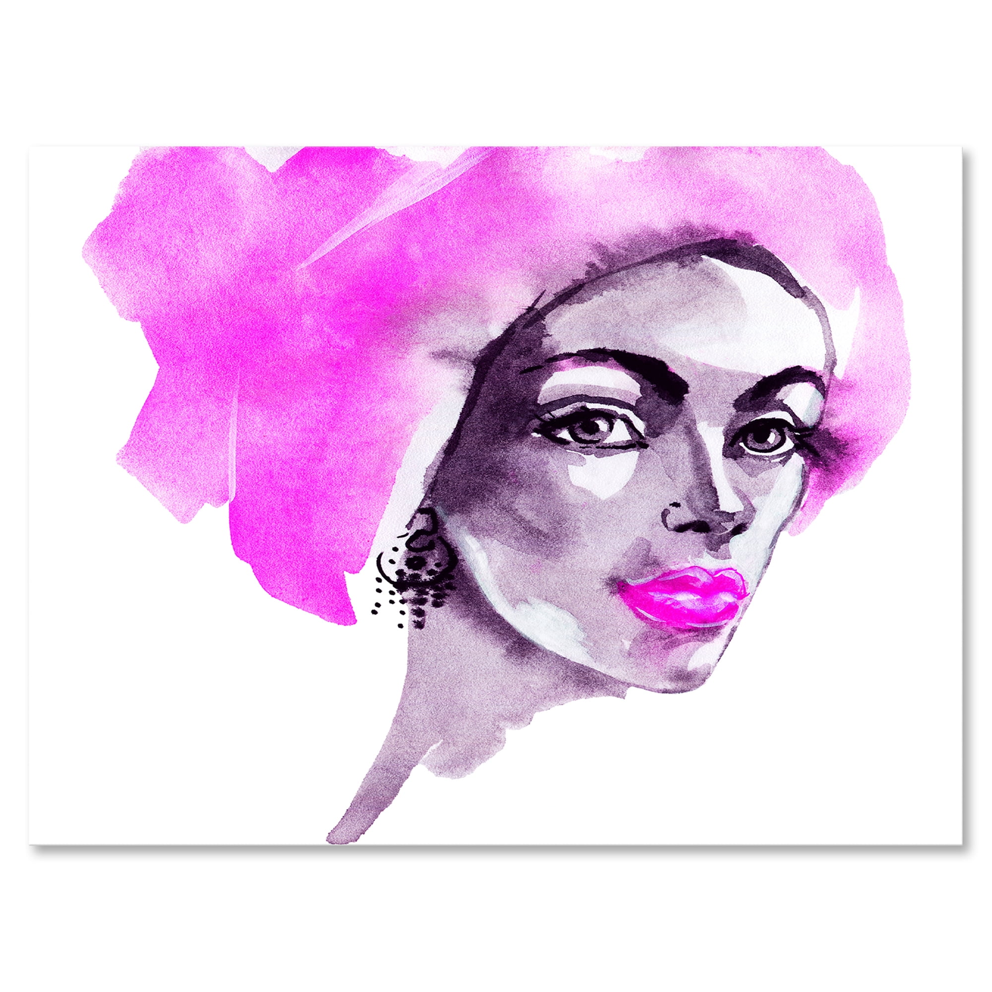 Afro American Pink Woman Fashion Portrait 8 in x 12 in Painting Canvas Art Print, by Designart