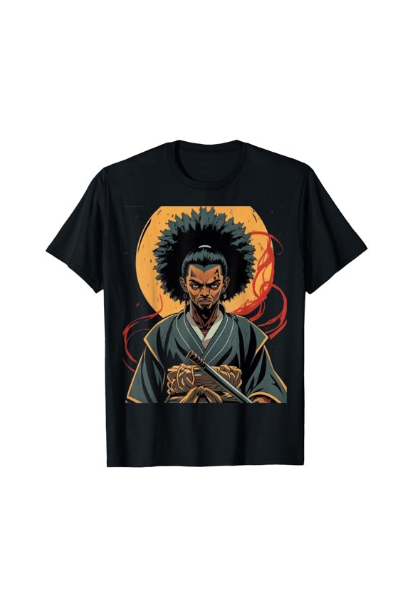 Afro American Samurai Anime Cartoon Japanese Bushido Warrior T-Shirt