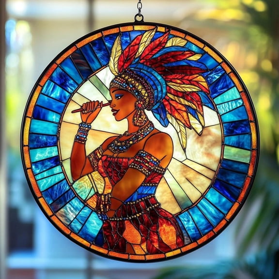 Afro Caribbean Woman Glass Suncatcher - Vibrant Stained Glass Effect Round Window Hanging - Cultural Home Decor Gift Idea