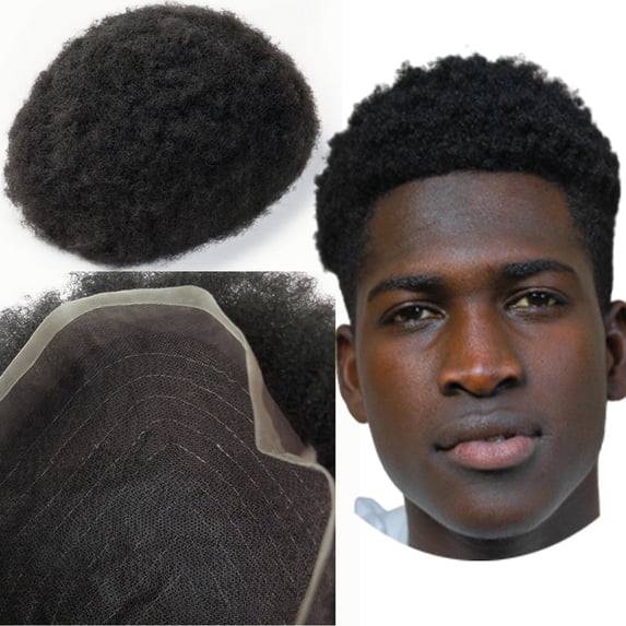 Afro Curl Toupee for Black Men African Toupee for Men NLW 6mm hair pieces Replacement System mens lace hairpiece Real Human Hair Men Breathable Fine French Lace Hair System (#1 Jet Black, 8x10")